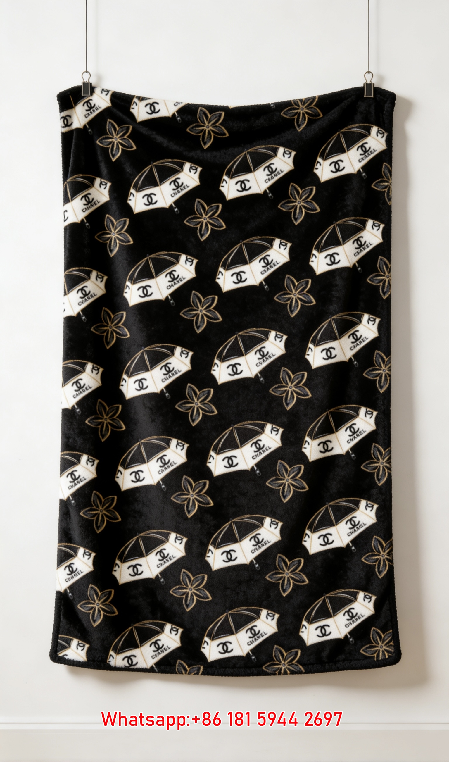 Chanel Umbrella & Camellia Pattern Flannel Throw Blanket IMG_7156